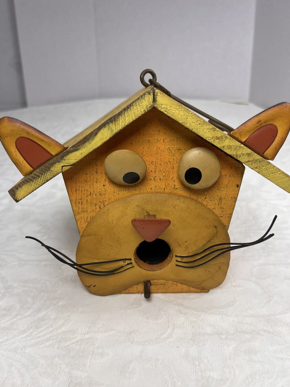 Cat Face Wooden Birdhouse Hand Painted Yellow Garden Decor